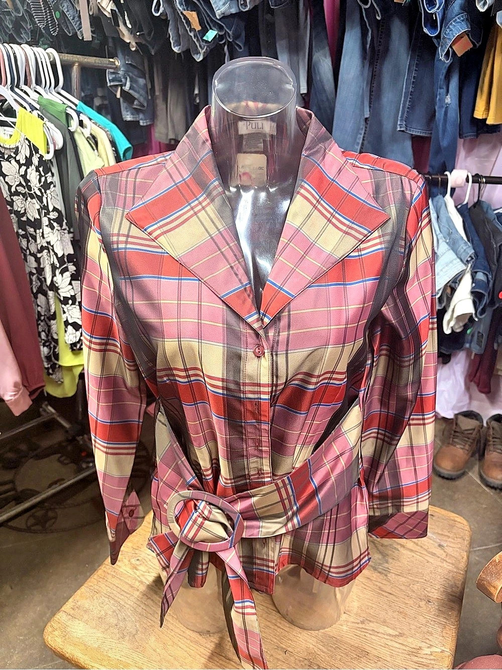 PULI Plaid Tie-Waist Blazer in Red & Brown Size 12/42 Like New